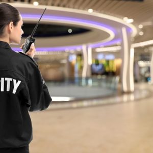 Security guard using portable radio transmitter in shopping mall, space for text